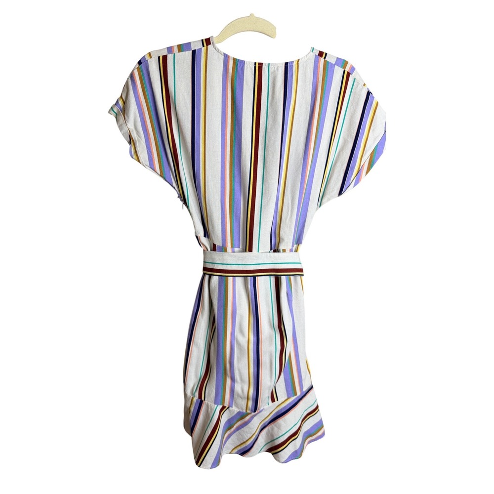 Lush Striped Wrap Dress Multi-Color Linen Blend V-Neck Tie Waist Small - Picture 6 of 7
